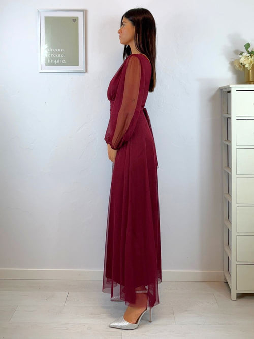 Abito cerimonia tulle scollo v maniche