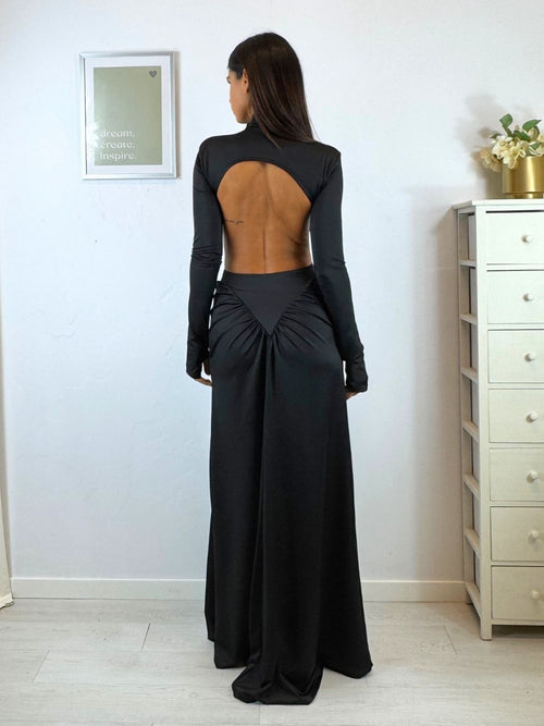 Vestito lungo schiena nuda gonna arricciata
