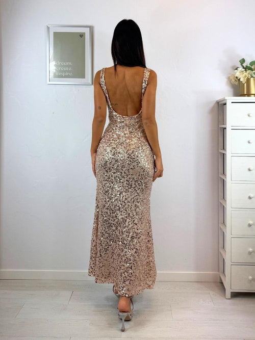 Abito lungo paillettes scollo quadrato