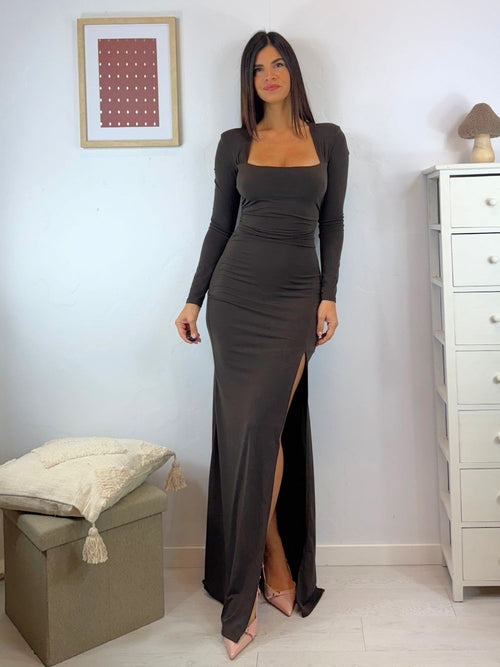 Vestito lungo sirena scollo quadrato arricciato