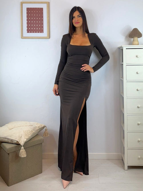 Vestito lungo sirena scollo quadrato arricciato