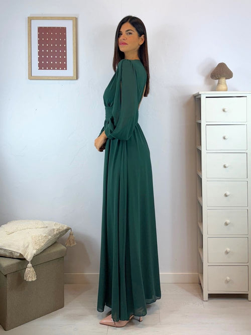 Vestito lungo scollo incrociato arricciato schiena