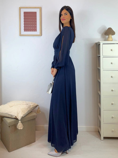 Vestito lungo scollo incrociato arricciato schiena
