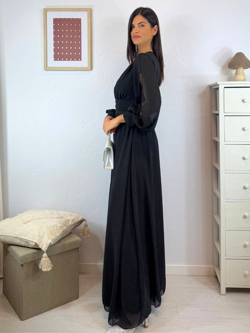 Vestito lungo scollo incrociato arricciato schiena