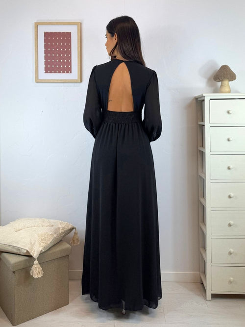Vestito lungo scollo incrociato arricciato schiena