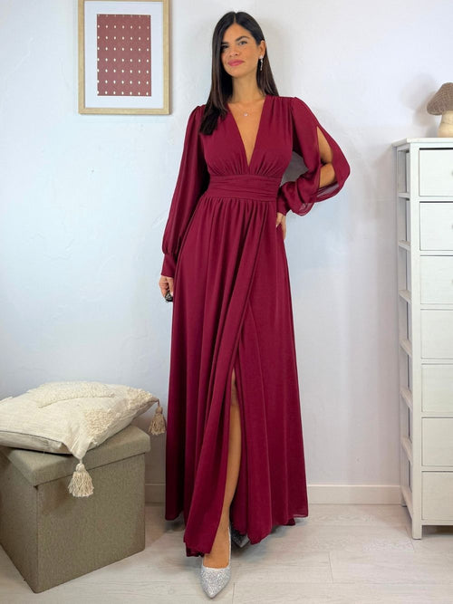 Vestito lungo scollo incrociato arricciato schiena