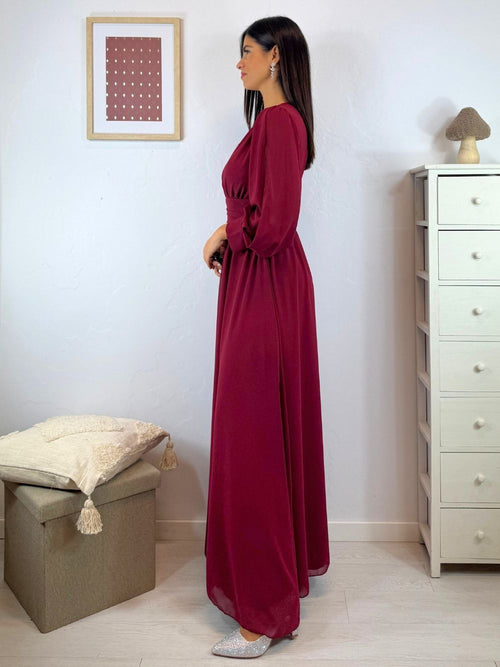 Vestito lungo scollo incrociato arricciato schiena
