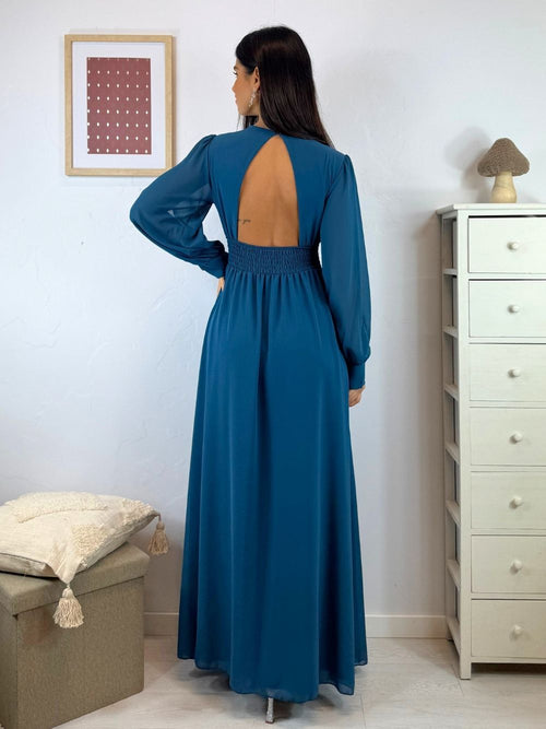Vestito lungo scollo incrociato arricciato schiena