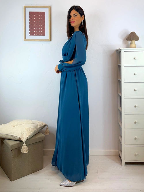 Vestito lungo scollo incrociato arricciato schiena