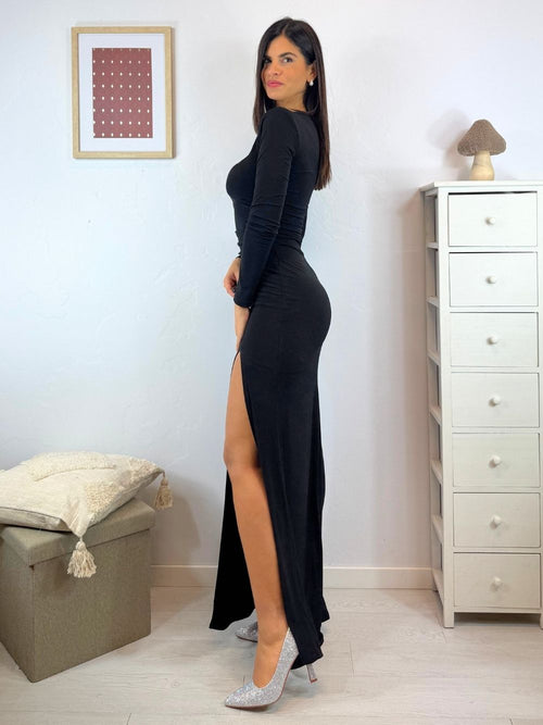 Vestito lungo sirena scollo quadrato arricciato