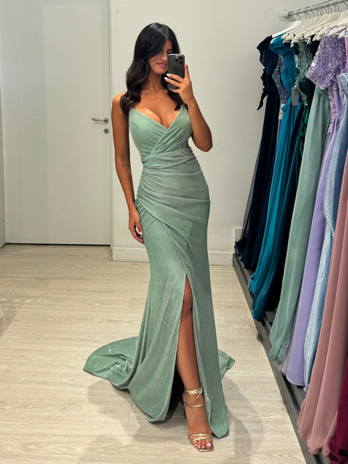 Abito sirena scollo incrociato Lurex e drappeggio