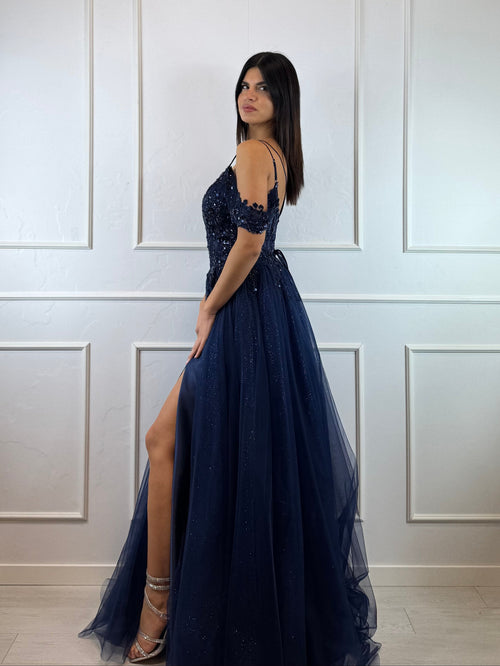 Abito principessa paillettes manica scesa tulle