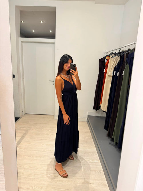 Vestito lungo balze scollo V effetto lino