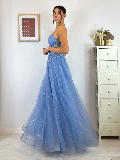Abito cerimonia corpetto pizzo gonna brilli tulle