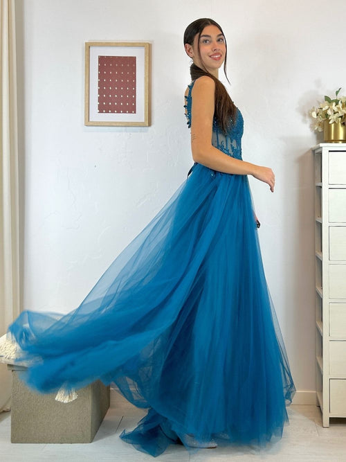 Abito cerimonia corpetto pizzo gonna tulle