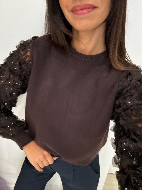 Maglia girocollo maniche inserti fiori
