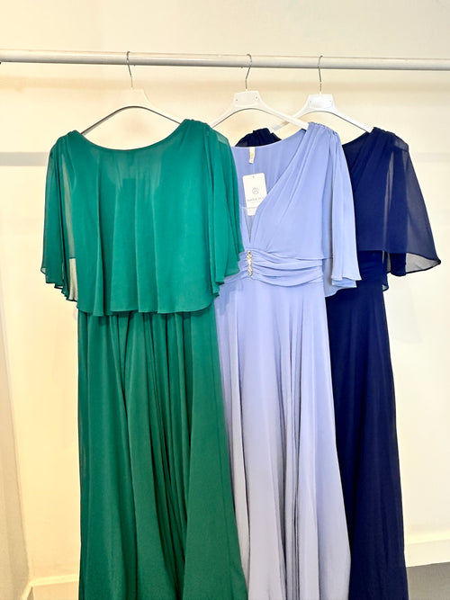 Abito cerimonia maxi mantella scollo V strass