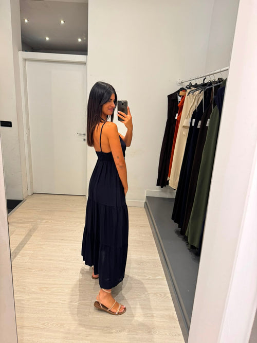 Vestito lungo balze scollo V effetto lino