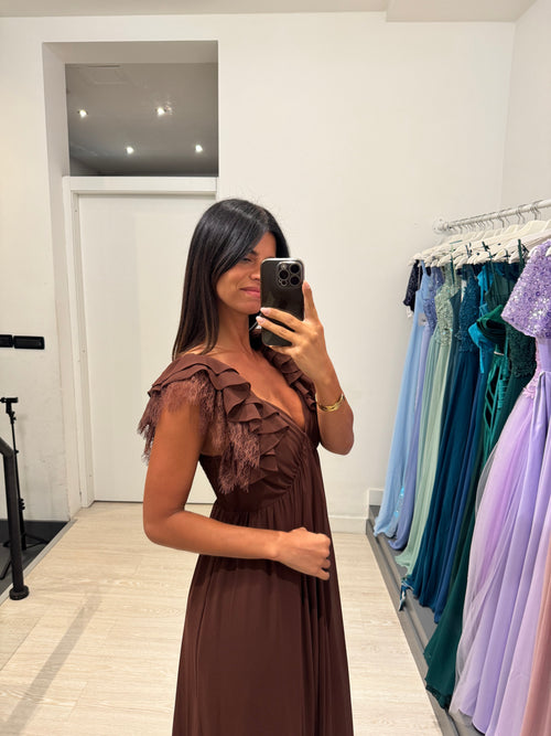 Vestito lungo manica volant con pizzo