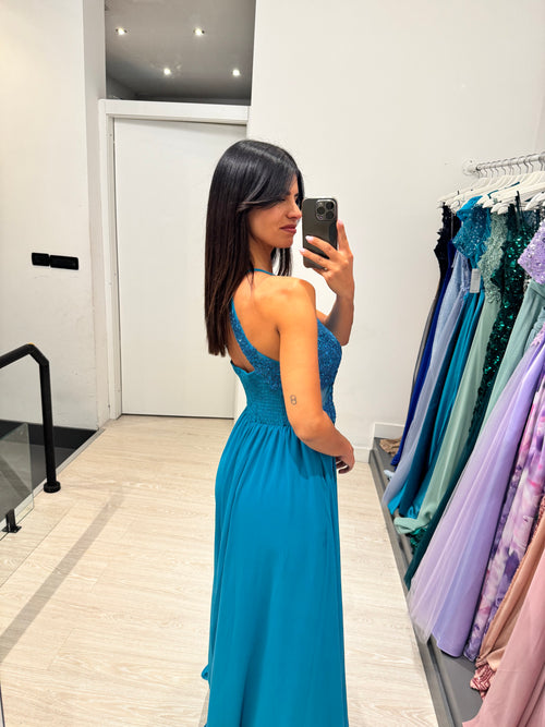 Abito cerimonia scollo americano pizzo e strass
