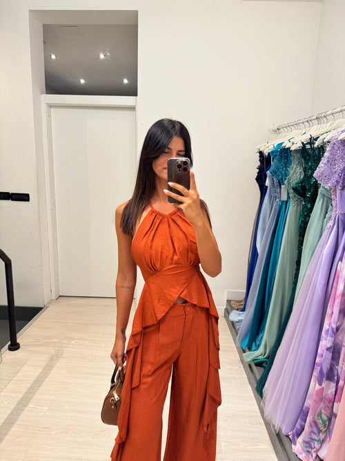 Completo lino top fasce e pantalone