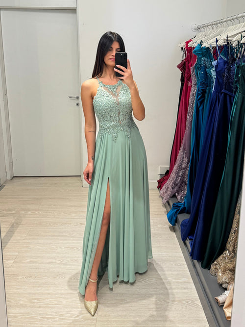 Abito cerimonia scollo americano pizzo e strass