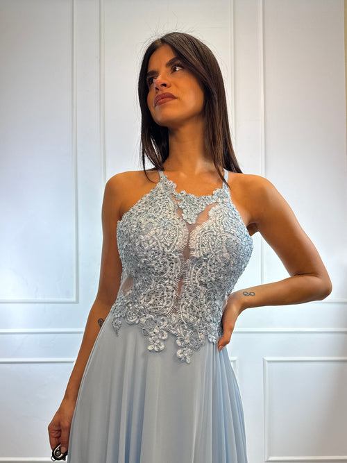 Abito cerimonia scollo americano pizzo e strass