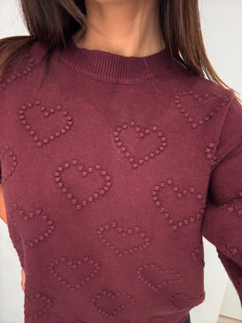 T shirt in maglia cuori in rilievo