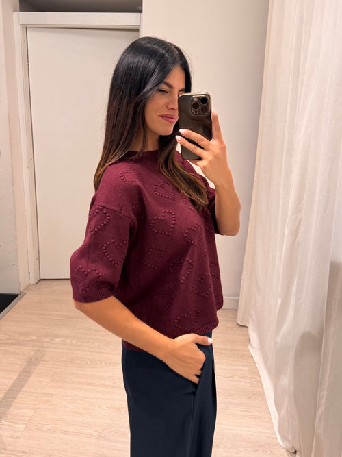T shirt in maglia cuori in rilievo