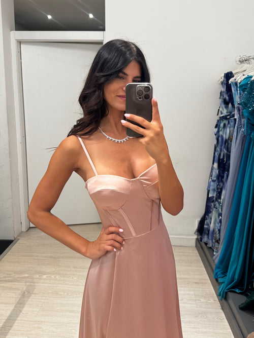 Abito cerimonia raso corsetto intrecciato dietro