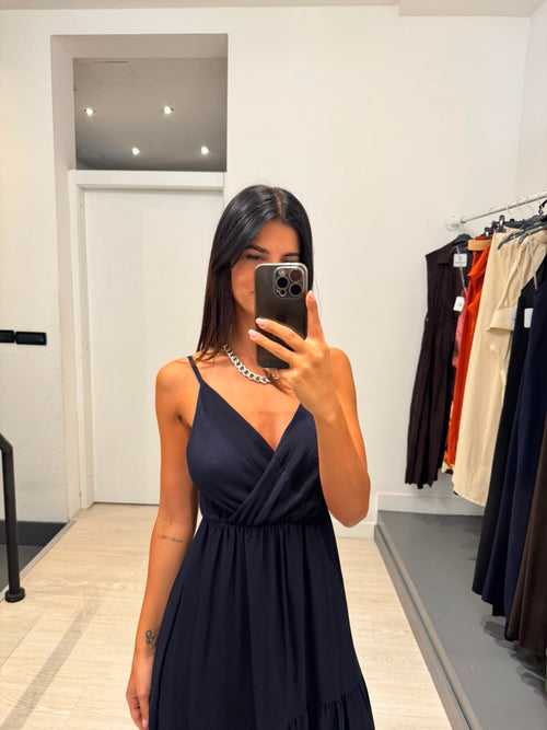 Vestito lungo balze scollo V effetto lino