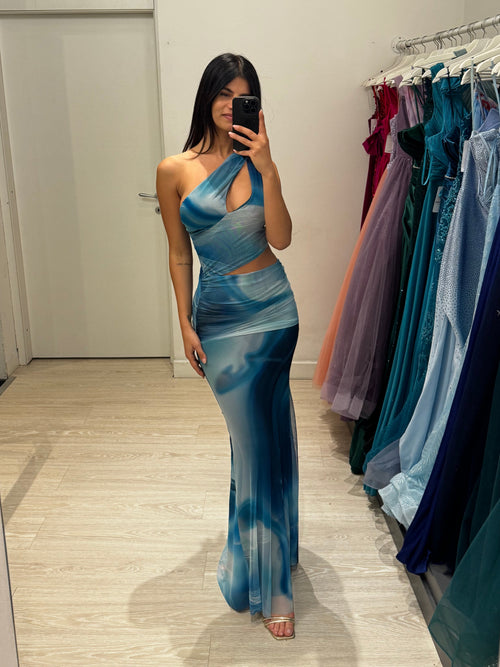 Abito lungo monospalla tulle fantasia