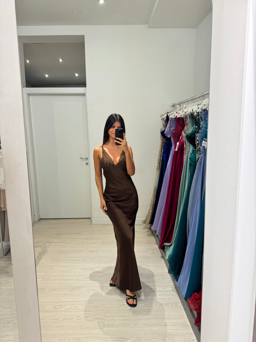 Abito cerimonia satin con coppe in pizzo