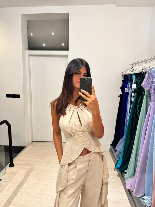 Completo lino top fasce e pantalone