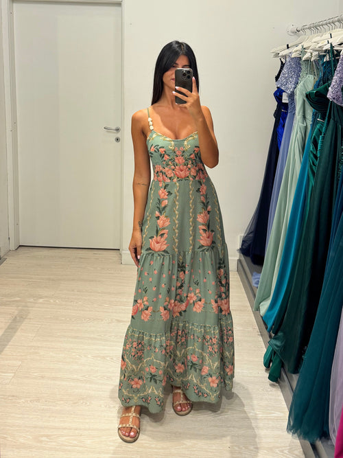 Vestito Lungo fiori spalline perle