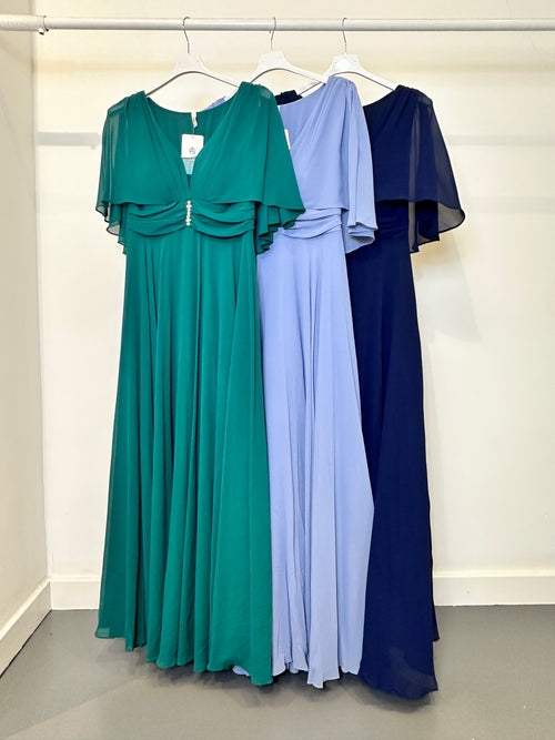 Abito cerimonia maxi mantella scollo V strass