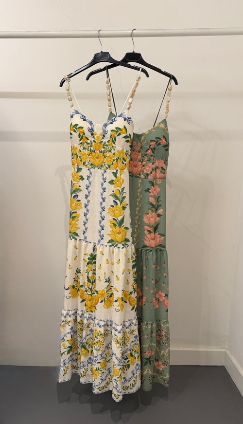 Vestito Lungo fiori spalline perle