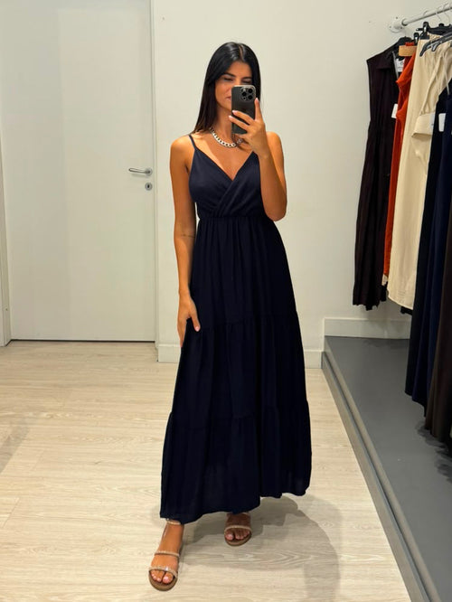 Vestito lungo balze scollo V effetto lino