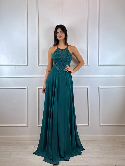 Abito cerimonia scollo americano pizzo e strass