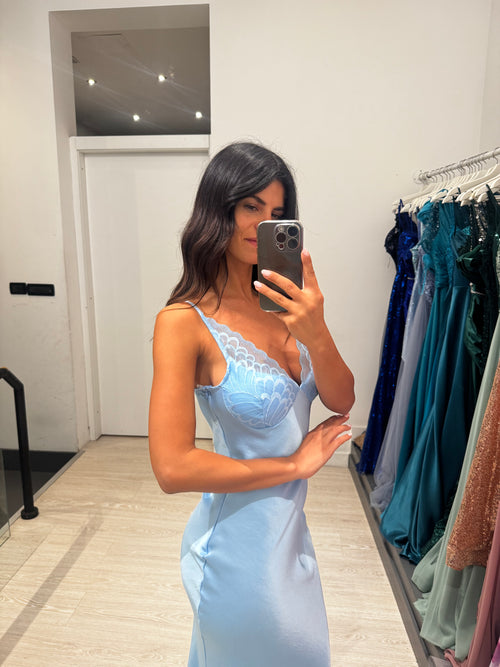 Abito cerimonia satin con coppe in pizzo