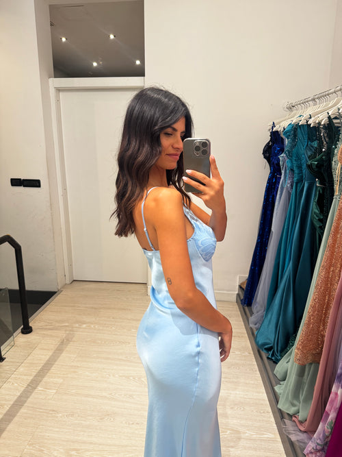 Abito cerimonia satin con coppe in pizzo