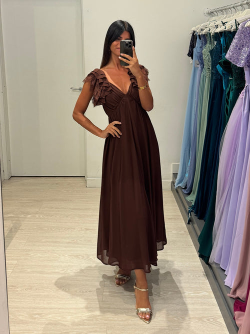 Vestito lungo manica volant con pizzo