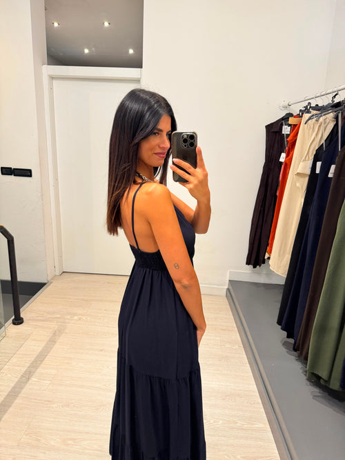 Vestito lungo balze scollo V effetto lino