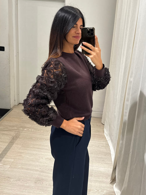 Maglia girocollo maniche inserti fiori