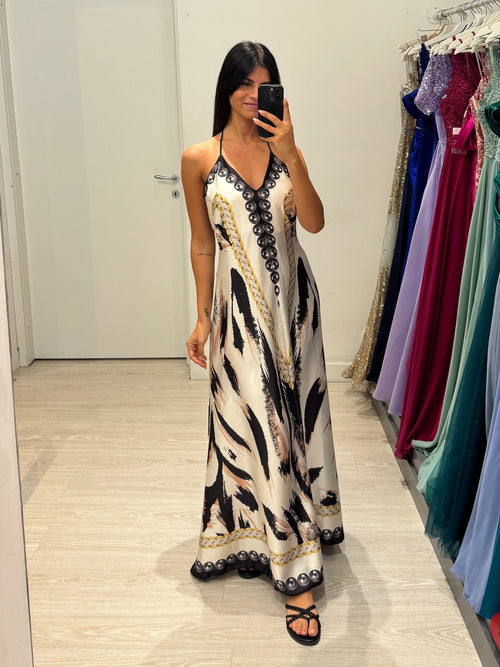 Vestito lungo fantasia catena scollo V schiena