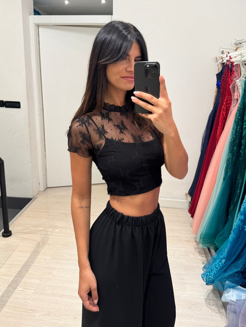 T-shirt crop pizzo
