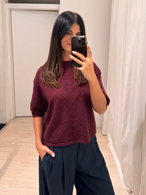 T shirt in maglia cuori in rilievo