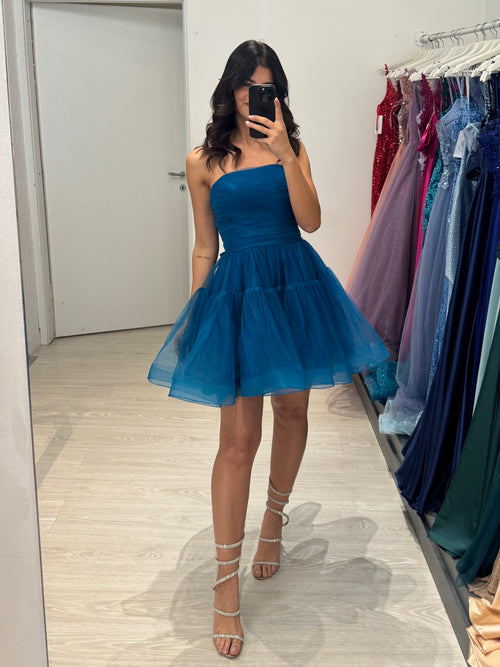 Abito cerimonia corto tulle con fiocco