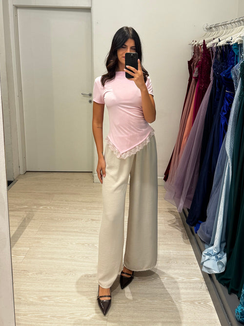 T-shirt girocollo orlo pizzo
