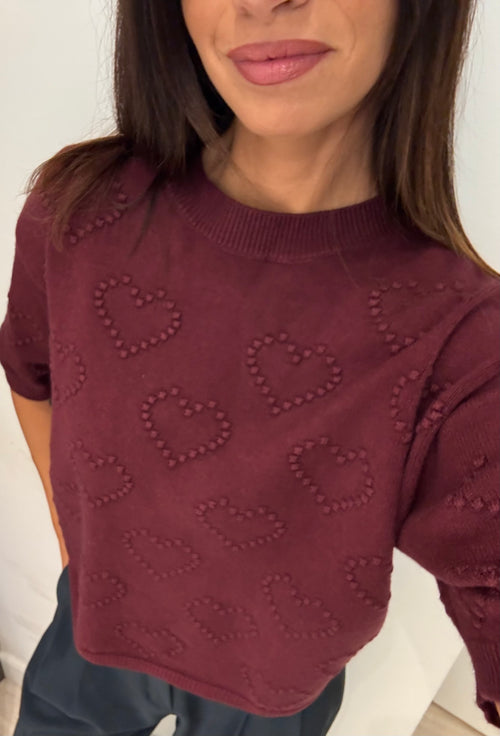 T shirt in maglia cuori in rilievo